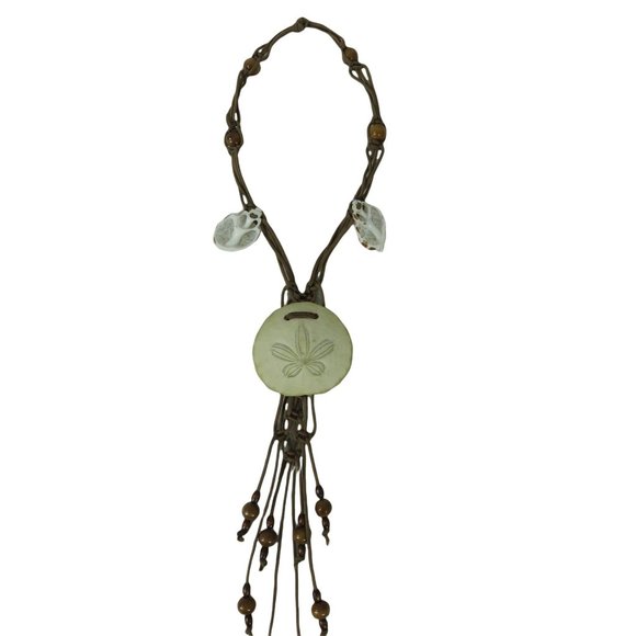 Vintage 70s Macramé Sand Dollar Shell Bead Necklace Hanging Wall Art - Picture 4 of 10